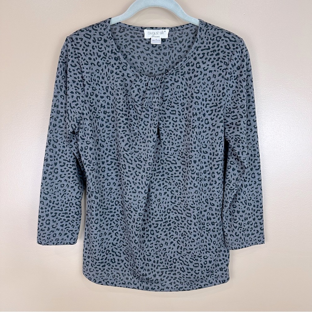 August Silk Gray Black Leopard Animal Print 3/4 Sleeve Top Medium Whimsigoth